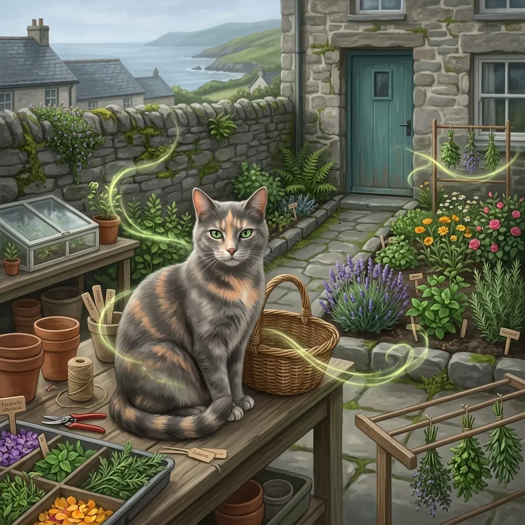 Misty the tortoiseshell cat in the botanical garden