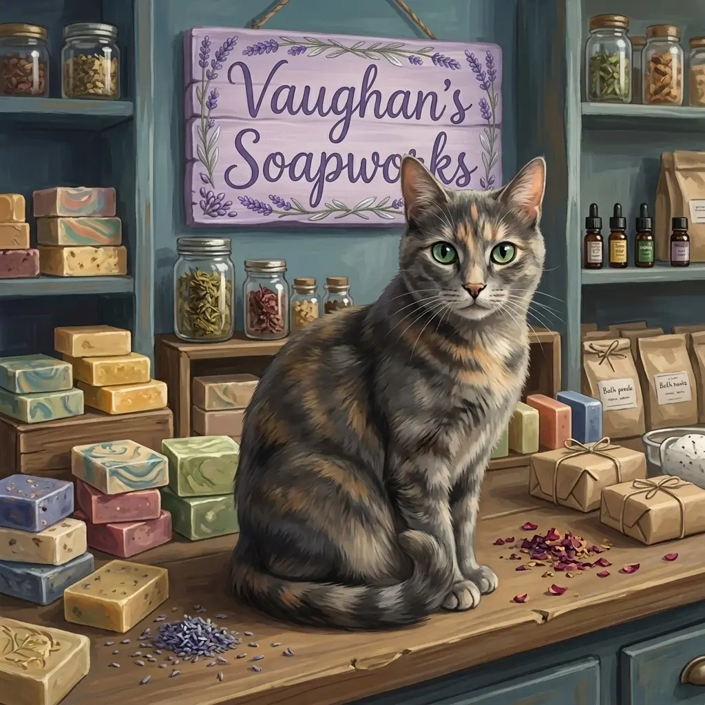 Misty surrounded by soaps and herbs inside Vaughan's Soapworks