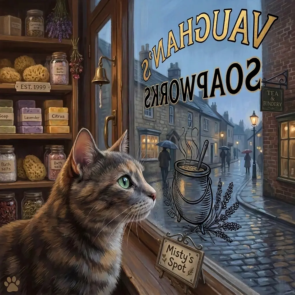 Misty looking through the window of the soap shop toward Trefalen harbor