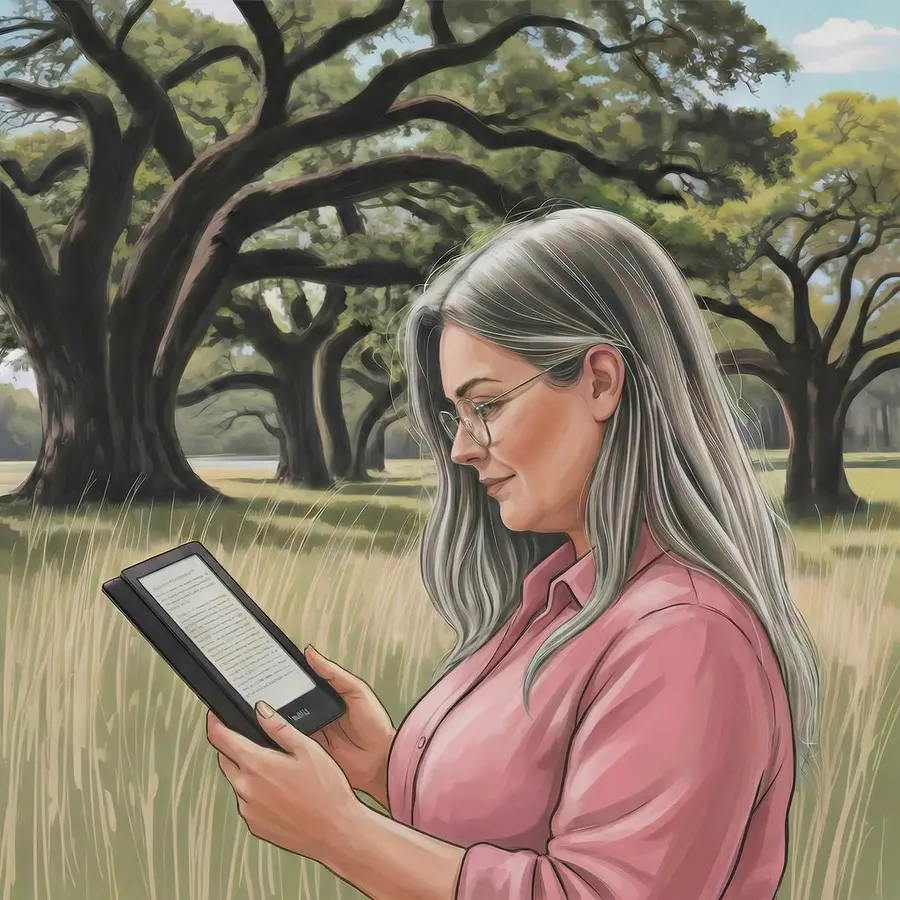 Illustrated portrait of Taryn Woods reading beneath live oak trees